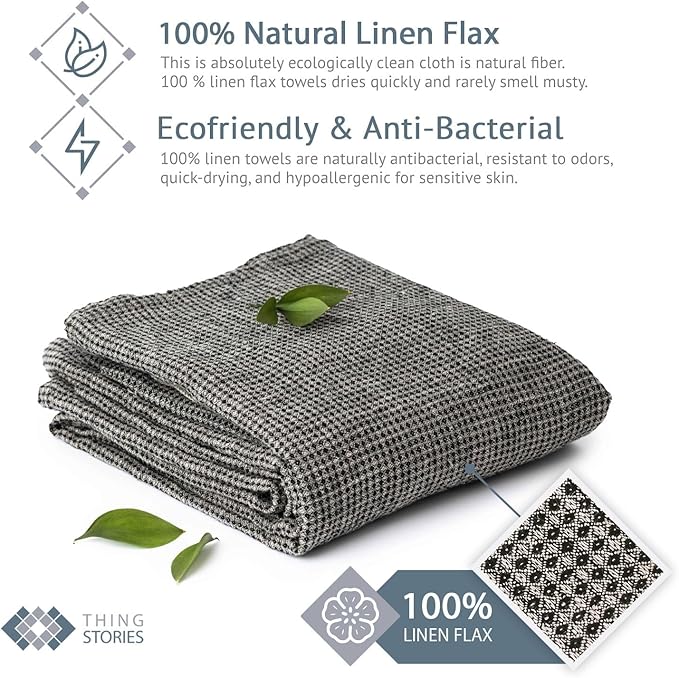 100% Linen Bath Sheet Towel - 36x72-inches - Waffle Weave Black-Natural Oversized Bath Towels - Lightweight Absorbent Thin Beach Towel Quick Dry XL Travel Towel Extra Large