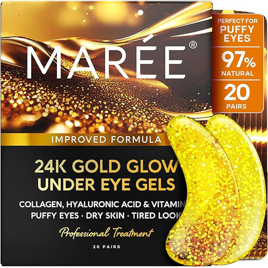 MAREE 24k Gold Under Eye Gels for Puffy Eyes and Dark Circles - Collagen & Hyaluronic Acid Skincare Gel Pads, Puffiness Treatment - Undereye Mask Patches