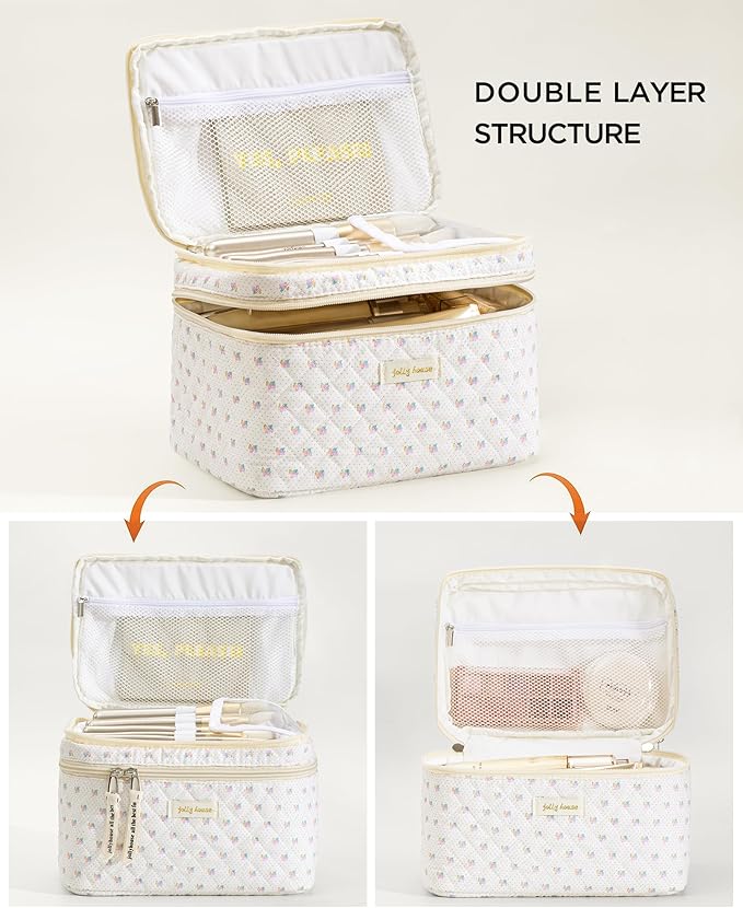 HBselect 2Pcs Travel Makeup Bag, Large Cotton Quilted Makeup Bag Cosmetic Bag Cute Make up Bag Toiletry Bags for Women Girls