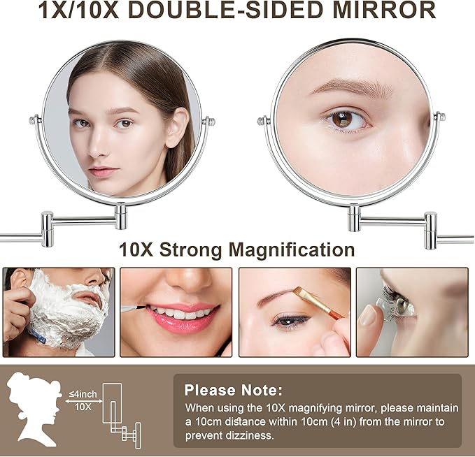 JANEEVA 8" Wall Mounted Makeup Mirror, 1X/10X Magnifying Mirror with 360° Extendable Arm Mirror for Bathroom-Double Sided Vanity Mirror for Man & Woman(Chrome)