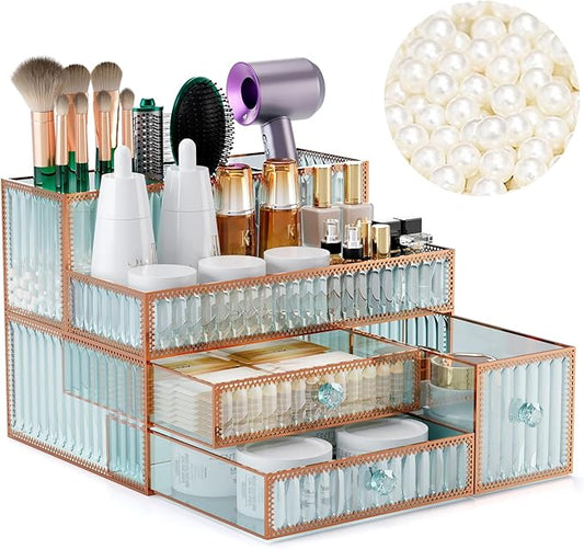 Makeup Organizer - Tempered Glass Vanity Organizer for Cosmetics, Skincare, Hair Tools, Brushes, Perfume - Multipurpose Bathroom Counter Skincare Organizer