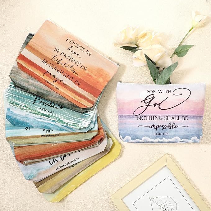 10Pcs Christian Gifts for Women Religious Cosmetic Bags Inspirational Bible Verse Pencil Pouch Canvas Makeup Bags Bulk with Zipper for Mother Sister Church Favors