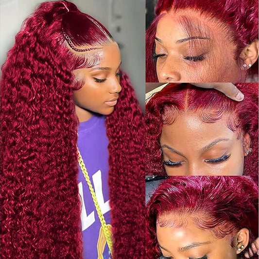 26 Inch 99j Burgundy Deep Wave Lace Front Wigs Human Hair 180% Density 13x4 HD Lace Front Wigs Human Hair Pre Plucked Wine Red Curly Wet Wavy Wig Human Hair Glueless Full Lace Frontal Wigs For Women