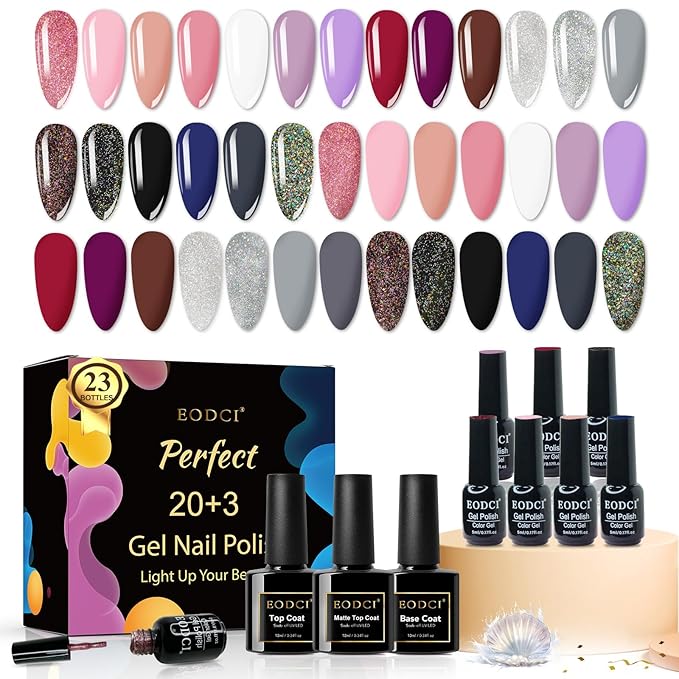 Gel Polish Nail Set 20 Colors with 3Pcs Glossy & Matte Top Coat and Base Coat, Daek Colour Purple Nude Gray Pink Grey Glitter Black Sparkle Glitters Colorful Gel Polish Set For Valentine's Gifts