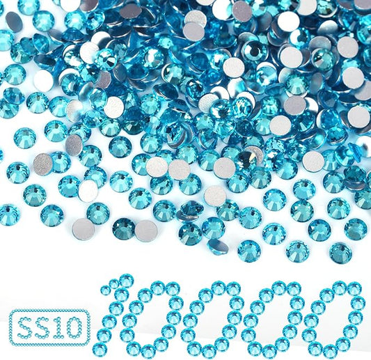 10000PCS Aquamarine Rhinestones Bulk, Flat Back Crystal Glass Stone Round Gems,SS10, 2.7-2.9mm