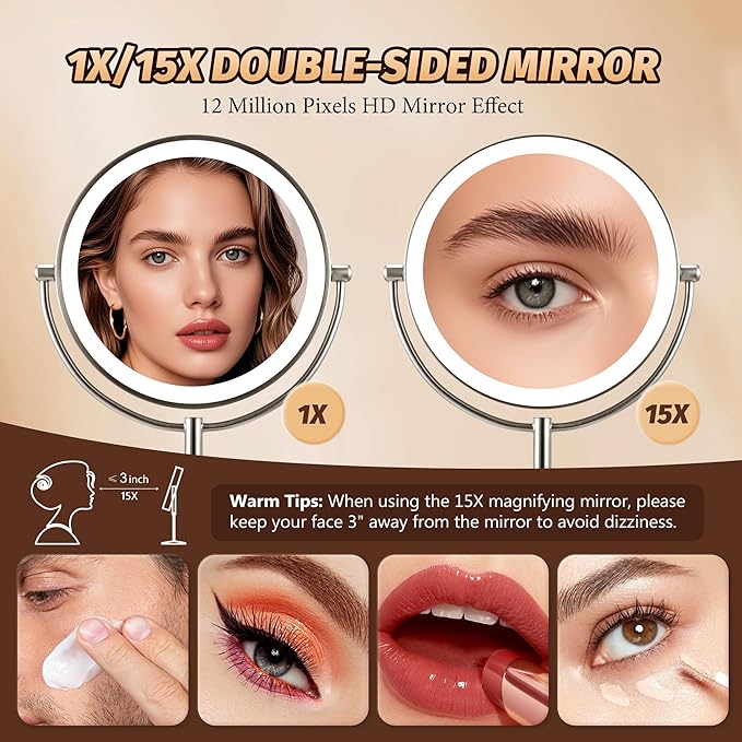 15X Magnifying Mirror with Light: 9 inch Lighted Makeup Mirror, 360Rotation Touch Screen Rechargeable, Double Sided LED Vanity Mirror, Brushed Nickel