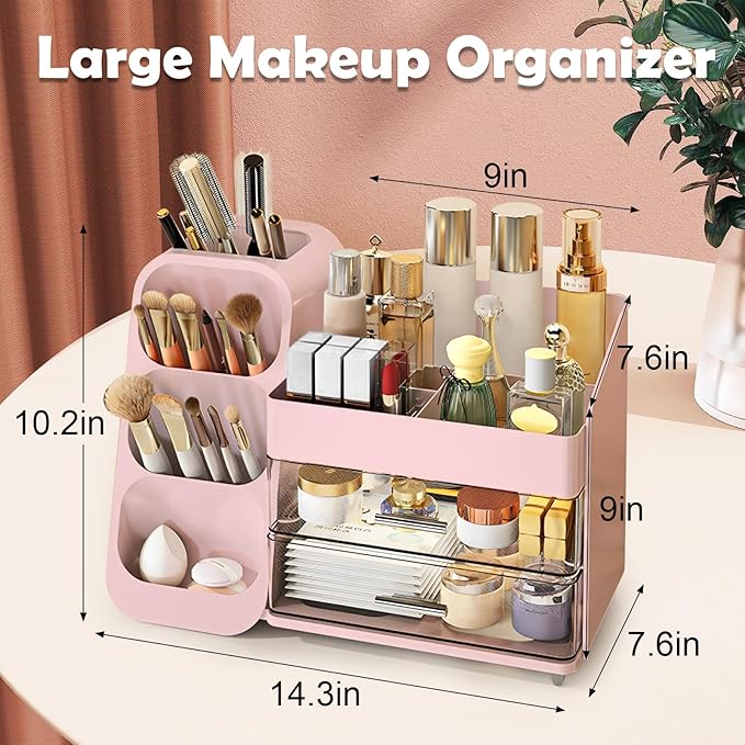 Makeup Organizer Countertop, Vanity Organizer with Brush Holder, Cosmetic Display Case with Drawers, Skincare Organizer for Dresser, Bathroom, Large Make up Storage Cosmetic Holder for Women gifts