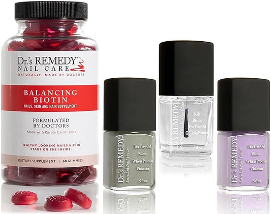 Dr’s Remedy 4 Pack Nail Polish Treatment, COMEBACK Collection, Non Toxic and Organic All Natural Enriched Nail Strengthener - BALANCING Biotin Gummies/TOTAL Two-in-One/LYRICAL Lilac/SERENITY Sage