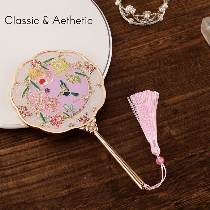 Hand Mirror, Handheld Mirror with Hummingbird Embossed Patterns, Elegant Metal Hand Craft Makeup Mirror, Beautiful Gift Value, Compact and Portable (Hummingbird Gold)