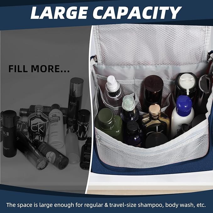 Buruis Large Capacity Toiletry Bag for Women and Men, Hanging Toiletry Organizer Cosmetics Makeup Bag, Water-resistant Dopp Kit Shaving Bags for Full Sized Toiletries, Travel Essentials (Blue)