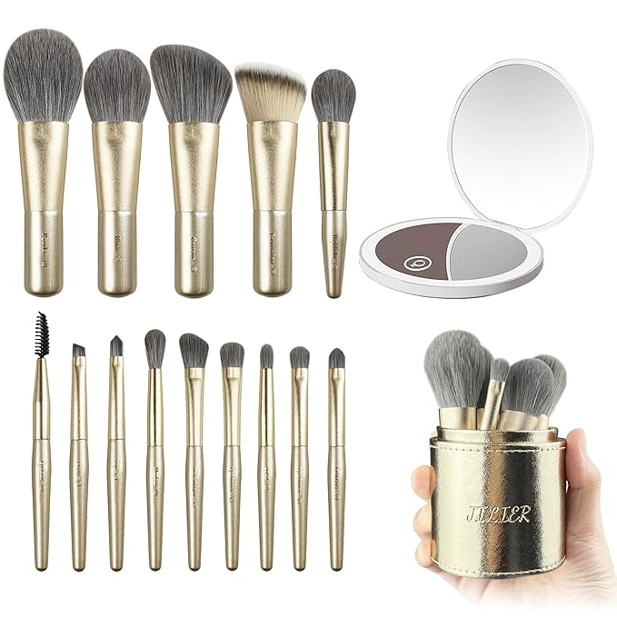 Jilier 14 pcs Mini Makeup Brushes and Pocket Mirror, Travel Makeup Brush Set, LED Compact Mirror with Light, Travel Size with Case, Portable for Handbag, Travel Essentials for Women