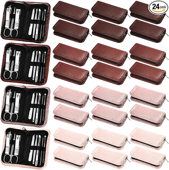 Coume 24 Sets Nail Kit Manicure Set Bulk with Zipper Professional Nail Clippers 8 in 1 Stainless Steel Nail Care Tools with Luxurious Travel Case Gifts for Men Women Friends Colleagues(Brown Series)