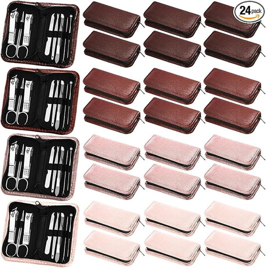 Coume 24 Sets Nail Kit Manicure Set Bulk with Zipper Professional Nail Clippers 8 in 1 Stainless Steel Nail Care Tools with Luxurious Travel Case Gifts for Men Women Friends Colleagues(Brown Series)