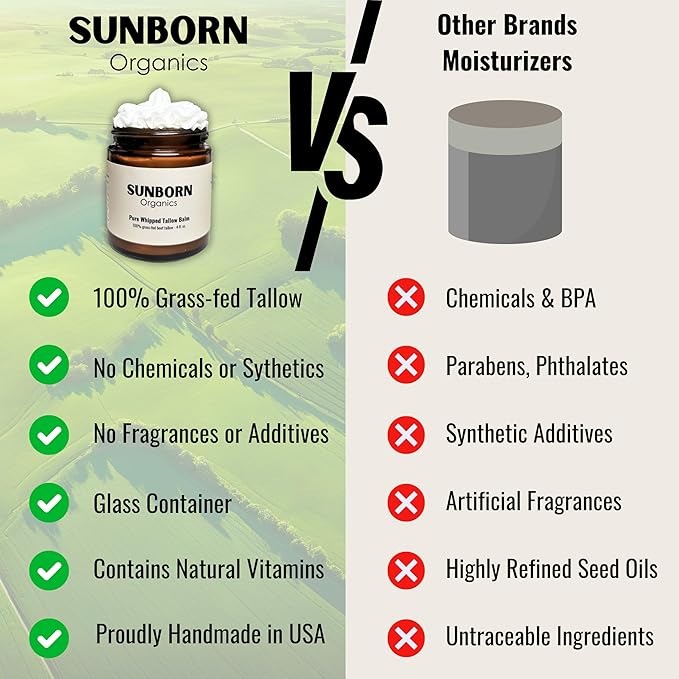 Pure Whipped Tallow Balm (Unscented) | 1 Ingredient | Handmade in USA | 100% Organic Grass-Fed Beef Tallow for Skin | Face Moisturizer for Dry Skin, Fragrance-Free, No Essential Oils