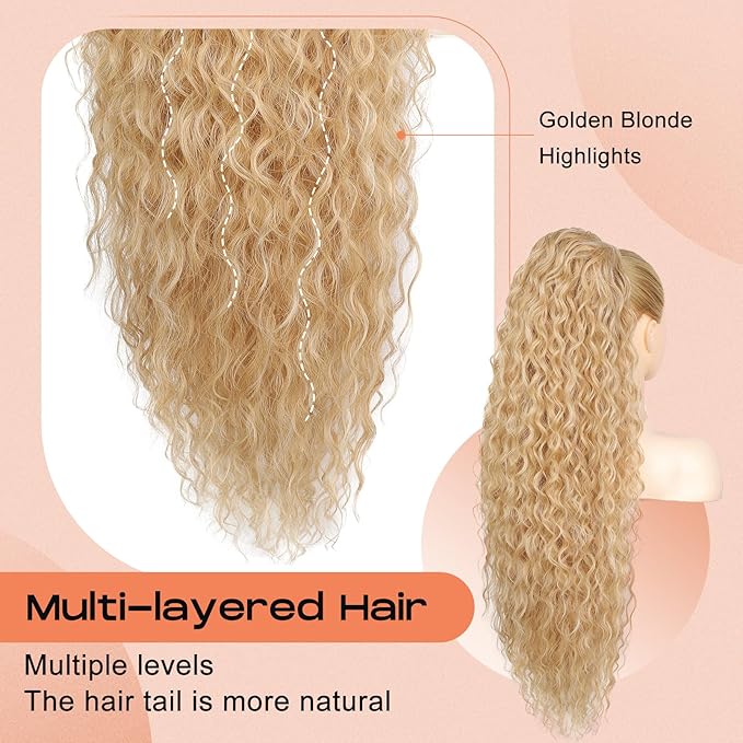 Ponytail Extension, SEIKEA 36" Long Lightweight Full Natural Curly Drawstring Ponytail Fake Pony Tail Multi Layered Soft Clip in Hair Extensions Ponytail Synthetic Hairpiece, Golden Blonde Highlights