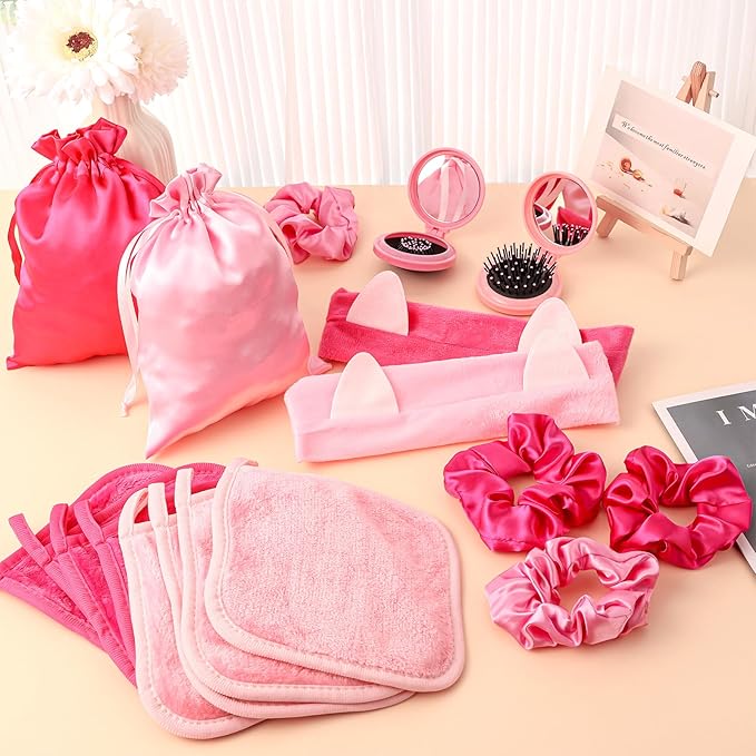 40 Pcs Spa Party Supplies for Girls Sleepover Party Favors Include 8 Cosmetic Bags 8 Spa Headband 8 Hair Scrunchies 8 Mirror comb 8 Makeup Remover Cloth Sleep Over Essentials for Girls Party