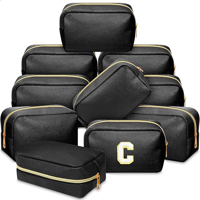 Sweetude 10 Pcs Preppy Makeup Bag Bulk Cosmetic Bag Bridesmaid Gift Wedding Day Bachelorette Party Favor Toiletry Pouch DIY PU Leather Skincare Pouch for Women(Black)