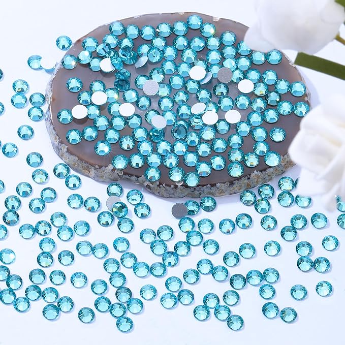 Aquamarine Flatback Rhinestones, Glass Rhinestones for Nail Art and Craft, Glue Fix, Loose Crystal Gemstones(Aquamarine, SS12, 2880pcs, 2.9-3.0mm)