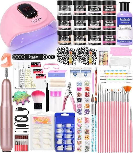 Acrylic Nail Art Kit-Nail Art Manicure Set Acrylic Powder Brush Glitter File French Tips U V Lamp Nail Art Decoration Tools Nail Drill kit for beginners with everything at home
