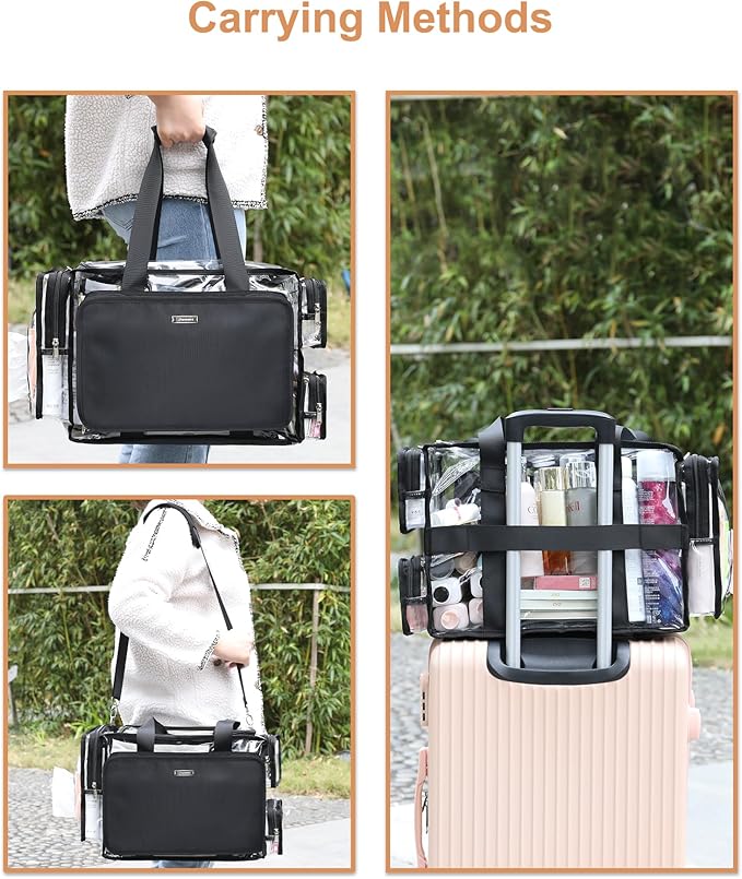 Relavel Clear Makeup Bag Extra Large Makeup Artist Set Bag, Cosmetic Storage Organizer Hair Stylist Travelling Bag, Transparent Tote Duffle Beach Toiletry Bag with Adjustable Dividers & Shoulder Strap