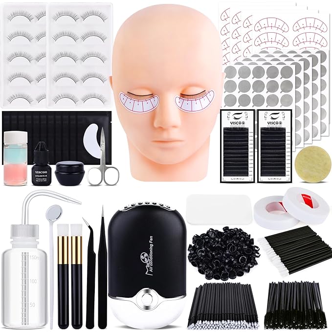 Eyelash Extension Kit for Beginners, Lash Extension Kit Professional with Lash Mannequin Head, Lash Beginner Starter Kit with Lash Fan, Extension Glue and Eyelash Remover for Lash Training