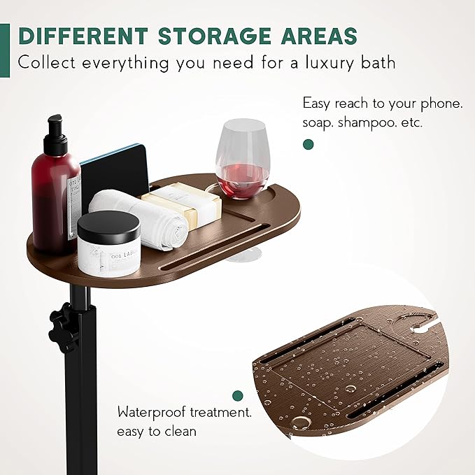 Bamboo Bathtub Tray Table with Adjustable Height, Freestanding Bath Caddy Side Table for Tub Against Wall, Tub Shelf with Wine Glass Phone Holder, Functional Tray - Patent Protected (Brown)