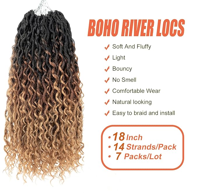 Aipin Goddess Locs Crochet Hair 18 Inch Boho River Locs Hippie Locs Wavy Crochet With Curly Hair In Middle And Ends Braids Hair Extensions (7Packs,18 inch, 3T1B/30/27)