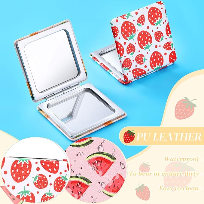 Vicenpal Compact Mirrors Small Pocket Fruit Design Mini Magnifying Portable Makeup Compact Pu Leather Double Sided Pocket Mirror for Women Girls Mother Kids Gift(6 Pcs)