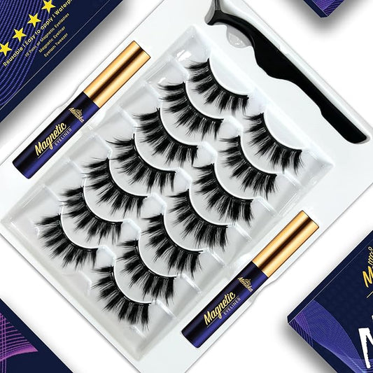 Menaka Magnetic Eyelashes Natural Look, Magnetic Lashes with Eyeliner Kit - Upgraded 2 Tubes of Waterproof Eyeliner, Long Lasting,7 Pairs Reusable,No Glue Need