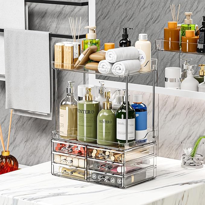 2 Pack Bathroom Organizers and Storage Countertop With 6 Drawers,Stackable Vanity Top Organizer,14.4" Tall Large Capacity Skin Care Organizer and Exquisite Cosmetic Storage Organizer,Clear