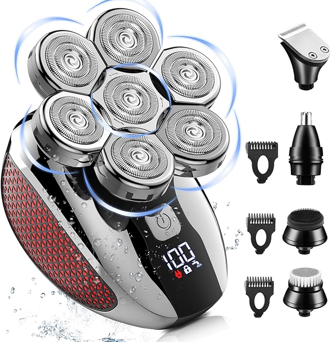 Head Shavers for Bald Men 7D, 5 in 1 Electric Shavers for Men Bald Head Rechargeable Bald Shavers for Men Waterproof Men's Rotary Shavers Grooming Kit with LED Display