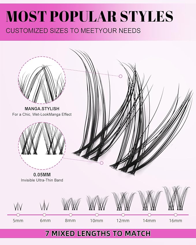 Venus Lash Clusters Kit Wispy 8-16mm with 5-6mm Bottom Lashes Natural Individual False Cluster Eyelash Extension Kit D Curl with Waterproof Bond and Seal & Lash Remover for Fake Lashes Extensions