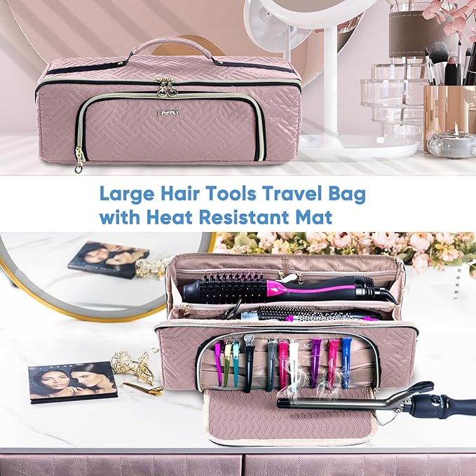 Large Hair Tools Travel Bag with Iron Mat - 2in1 Hair Tools Organizer for Hair Dryer Brush, Flat Irons, Straighteners, Curling Irons, Hair Bag, Makeup Bag, Cosmetic Bag for Travel Essentials