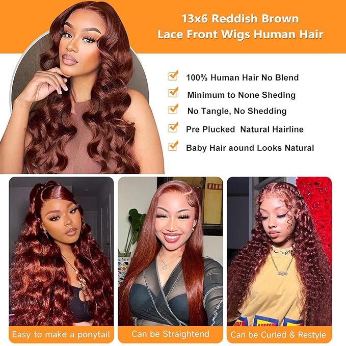 36 Inch Reddish Brown Lace Front Wigs Human Hair Long 13x6 Body Wave Lace Front Wig Human Hair Pre Plucked 180% Density Auburn Hd Full Lace Frontal Wig Wear and Go Glueless Brown Wig for Women