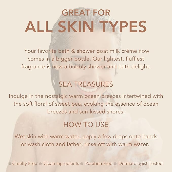 Dionis Goat Milk Skincare Sea Treasures Bath Soap & Liquid Shower Crème, Rich, Creamy Cruelty Free, Paraben Free Hydration Body Wash Cleanser, Soap Moisturizer For Sensitive Skin, 14.5 oz Bottle