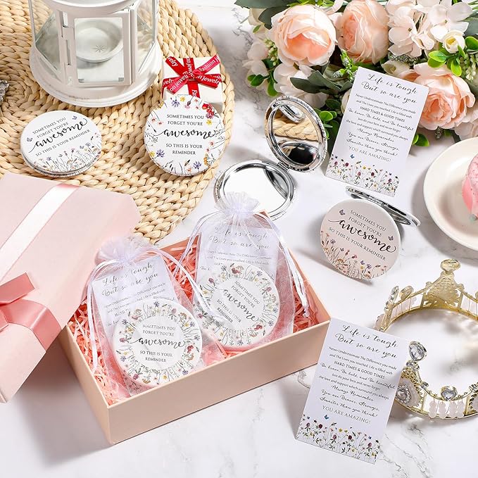 Geetery 12 Sets Mother's Day Inspirational Compact Mirror Gifts for Women Bulk Small Flower Makeup Pocket with Card Bag Double Sided Folding Mirror for Purse Wedding Return Bridal Shower, 4 Styles