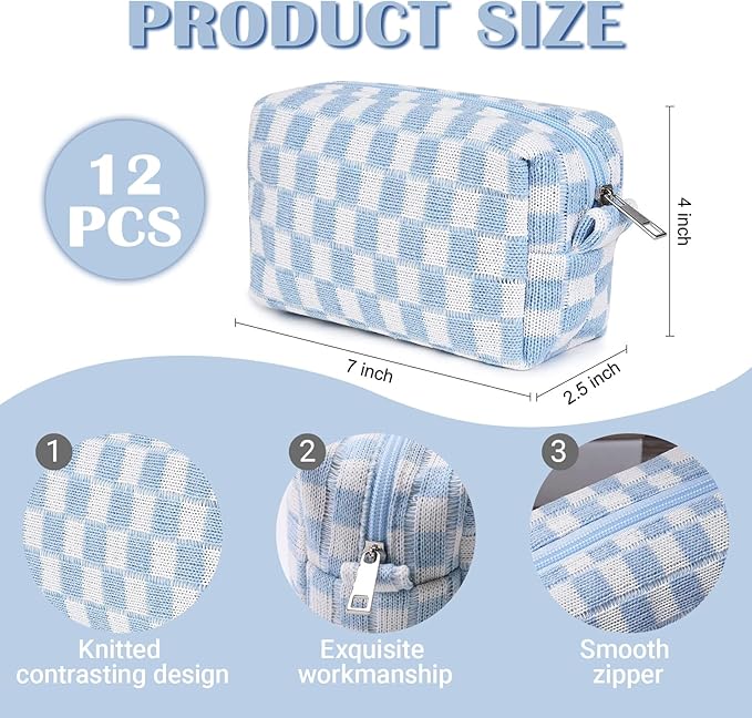 12 PCS Checkered Makeup Bag Cosmetic Bag for Women Checkered Pouch Plaid Makeup Bag for Women Large Capacity Pencil Case Makeup Brushes Storage Bag Travel Toiletry Bag Organizer
