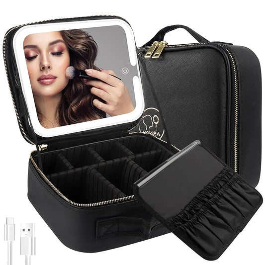 MOMIRA Travel Makeup Bag Cosmetic Bag Makeup Organizer Bag with Large Lighted Mirror 3 Color Scenarios Adjustable Brightness, Waterproof Makeup Travel Case, Large Makeup Train Case Toiletry Gift
