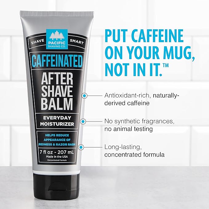 Pacific Shaving Company Caffeinated Aftershave, Men's Grooming Product - Antioxidant Daily Face Lotion + After Shave - Soothing Aloe & Spearmint Post Shave Balm for Sensitive Skin (7 Fl Oz)