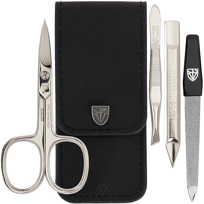3 Swords Germany - brand quality 3 piece manicure pedicure grooming kit set for professional finger & toe nail care scissors tool genuine leather case in gift box, Made in Solingen Germany (77105)