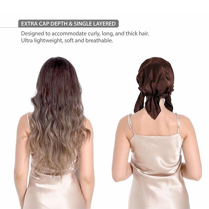 100% Silk Bonnet for Sleeping, Large Silk Sleep Cap with Tie Band for Curly Hair Care - Brown