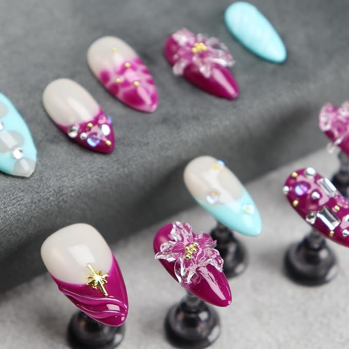 Almond Press on Nails Handmade Medium Long/Stiletto 3D Flower Fake Nail with Designs, Women Reusable False Nails (Purple Blue, M)