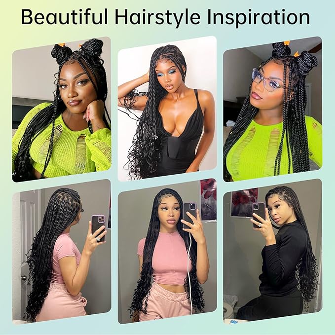 36 Inch 13X8 HD Lace Front Box Braided Wigs With Boho Curly Ends Knotless Braided Wig For Women Human Hair Blended Braids Lace Front Wig With Baby Hair Natural Black