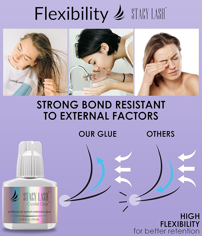 Crystal Clear Eyelash Extension Glue Stacy Lash (0.34fl.oz/10ml)/1 Sec Drying Time/Retention – 8 Weeks/Transparent Adhesive/Professional Supplies