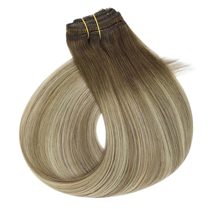 Full Shine Clip on Hair Extensions Human Hair 16 Inch Lace Clip in Extensions Real Human Hair Medium Brown Ombre Ash Brown Mix Light Blonde Straight Remy Hair Extensions 3 Pcs