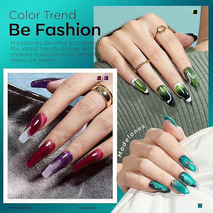 Modelones Cat Eye Gel Nail Polish, 6 Colors Glitter Red Green Purple Blue Gel Polish Set with Magnet Sparkle Galaxy Series Nail Gel Polish Kit Soak Off Led Nail Art Manicure Salon DIY Gifts