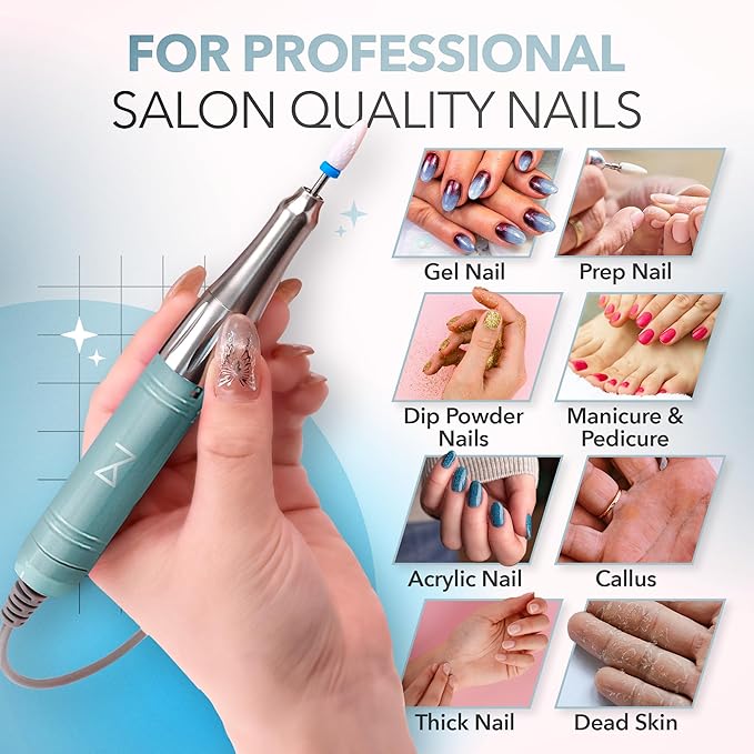 M Mase- Professional Nail Drill Machine - 2-in-1 Nail File - Cordless, 35000 RPM, HD Display - Gift for Her - Electric Nail Drill for Professional & Home Use (Teal)