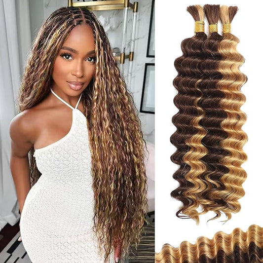 Human Braiding Hair For Boho Braids Deep Water Wave Human Bulk Braiding Hair 12A Brazilian Virgin Human Hair Extensions for Boho Braids 3 Bundles/Pack 110g 4P27 Highlight Ombre Balayage 24inch