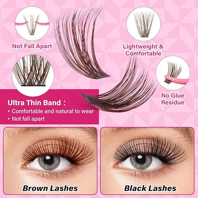 Brown Lash Extension Kit 280pcs Brown Lash Clusters Eyelash Extension Kit With Lash Bond And Seal Lash Remover Lash Applicator Eyelash Brush Easy to Apply at Home for Self Use (60D+80D-9-16mix Kit)