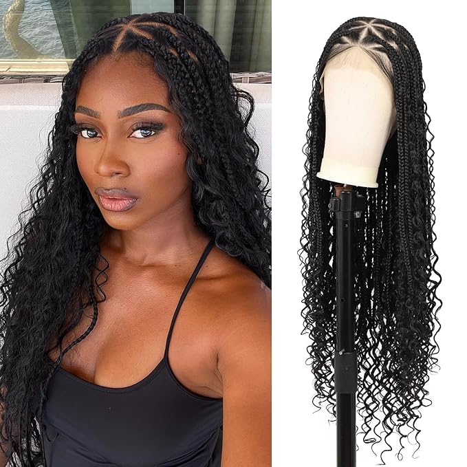 360° Hd Full Lace Boho Braided Wigs for Women Knotless Box Braid Wig with Baby Hair Natural Black Human Hair Blended Braided Lace Front Wigs 36"